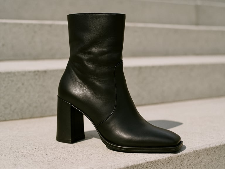 Close-up of a high-fashion leather boot on a clean concrete step, bright natural daylight, desaturated neutral tones, 35mm film look