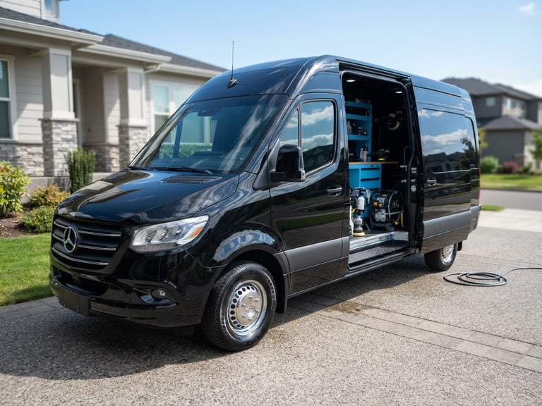 A sleek black mobile detailing van parked in a clean suburban driveway, bright daylight reflecting off polished paint, crisp professional automotive photography.