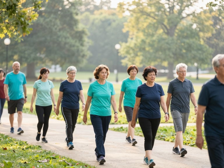 Diverse group of active adults participating in an outdoor wellness walk in a green Ohio park, soft morning light