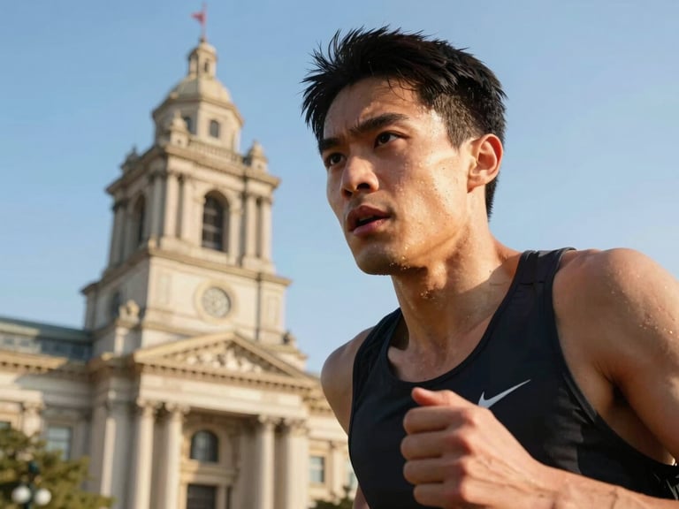 Dynamic low-angle shot of a runner's face showing determination, historic municipal landmark in the background, bright crisp daylight, 35mm lens.