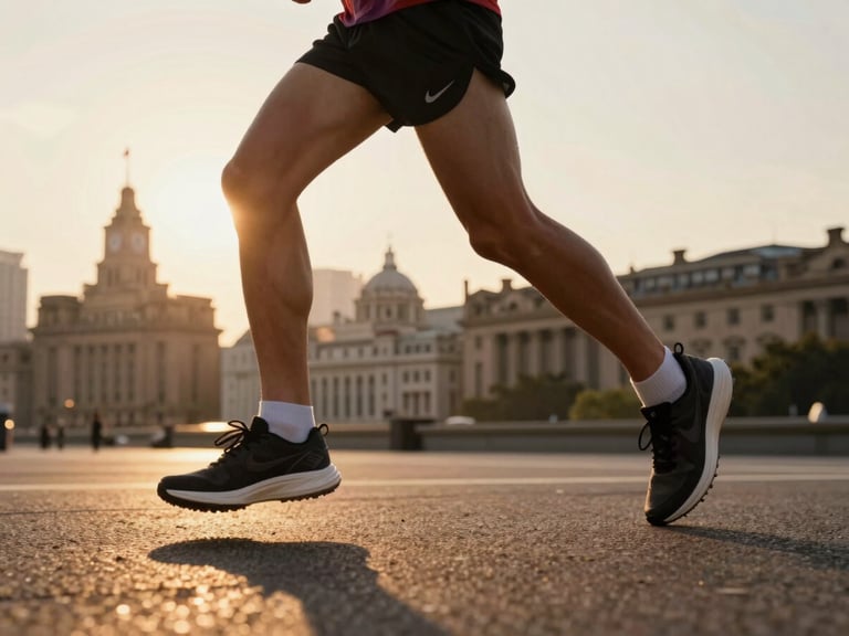 Dynamic low-angle shot of a runner's legs mid-stride on asphalt, historic municipal buildings in blurred background, early morning golden hour, energetic warm tones.