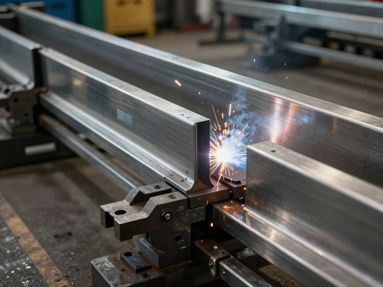 Wide shot inside a metal fabrication workshop — a steel railing component clamped in a welding jig, sparks visible at the weld point, directional industrial overhead light raking across the brushed stainless surface, raw workshop floor in background