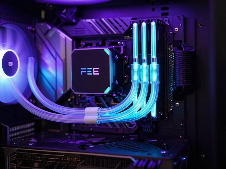Detalhe de um sistema de resfriamento líquido para PC, tubos transparentes com líquido brilhando em azul neon, radiador escuro ao fundo, luz ambiente roxa.