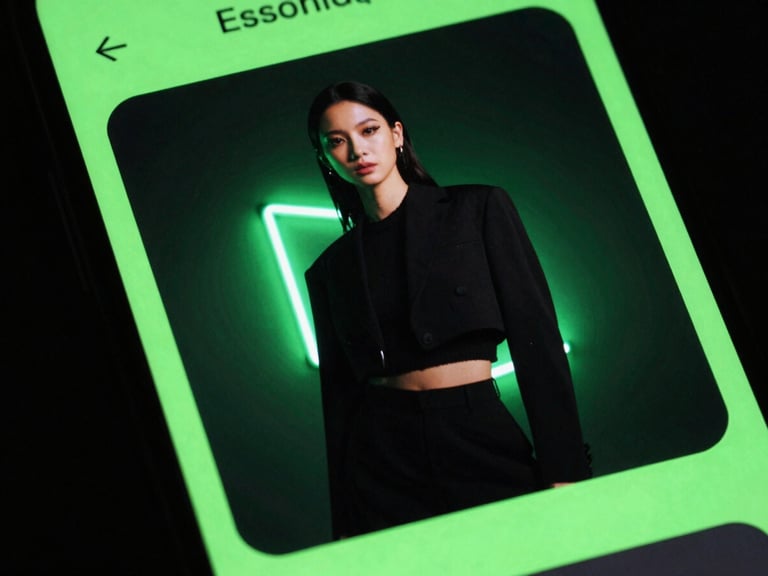 Macro shot of a mobile screen showing a dynamic fashion campaign carousel with acid green borders and dramatic neon backlighting
