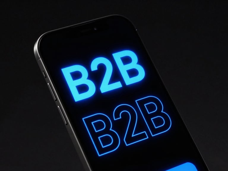 Angled smartphone mockup displaying a high-contrast B2B graphic with bold typography and electric blue accents, dark studio background