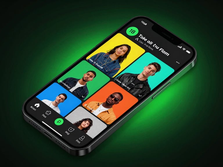 Angled smartphone mockup displaying a vibrant social media feed with high-contrast graphic layouts, dramatic green neon backlighting, dark-mode screen glows, sharp macro lens