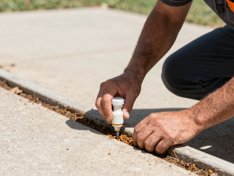 Close-up of a technician in uniform applying a liquid termite barrier to a home foundation in bright Texas daylight, hands in sharp focus.