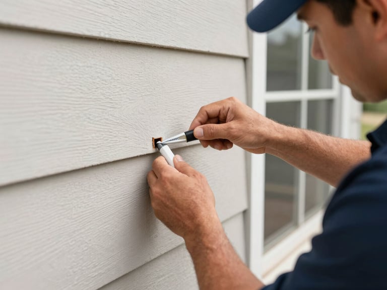 Close-up of a technician in uniform sealing a small entry point on a home's exterior wall with professional material, focused on hands.