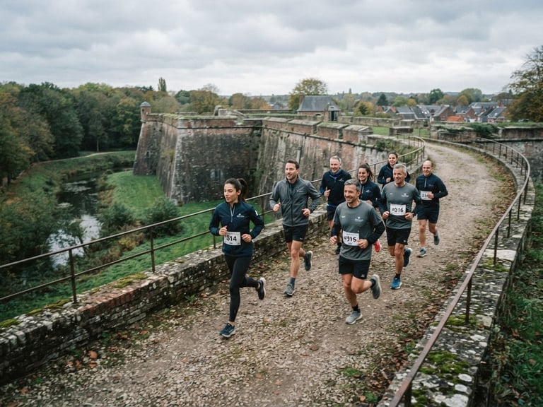 Dynamic medium-wide shot of a corporate team running together on the gravel path of the historic ramparts of Le Quesnoy, overcast northern daylight, cool desaturated tones, 35mm film style.