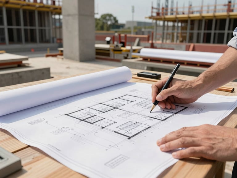 Close-up of an engineer reviewing architectural blueprints on a wooden table on an active, organized construction site.