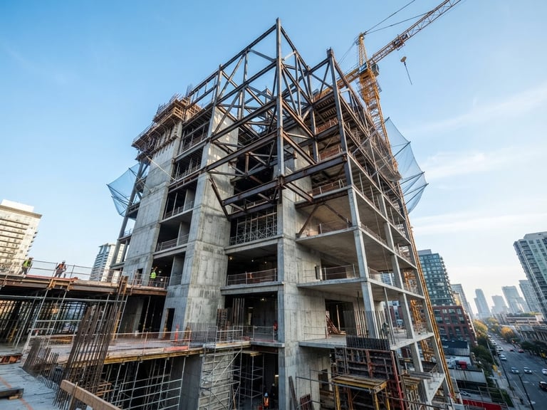 Wide-angle architectural shot of a modern concrete building under construction, structural steel beams framing the sky, crisp morning light