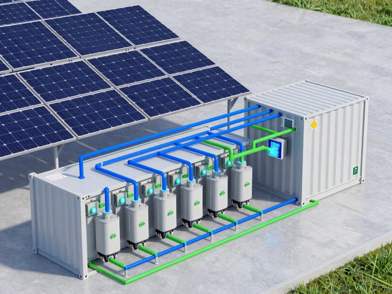 A highly detailed, clean vector schematic diagram of an industrial microgrid, showing energy flow lines from solar PV panels to a containerized BESS, with sharp electric blue and functional green telemetry lines.