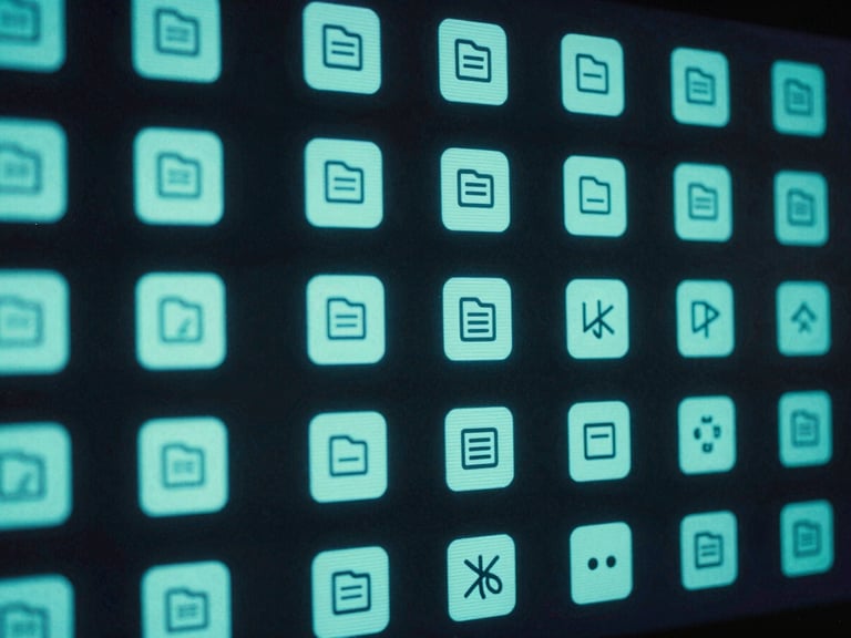 Gros plan sur des fichiers vidéo numériques affichés sur un écran avec des icônes de format, éclairés par des néons cyan.