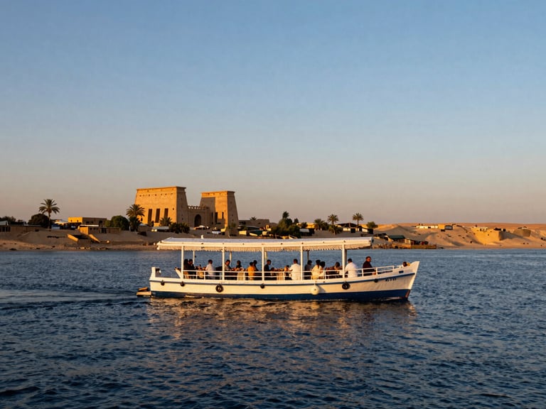 A private luxury dahabiya on the Nile at sunset, guests enjoying dinner on deck, soft golden light, ancient ruins in the distance, wide environmental shot.