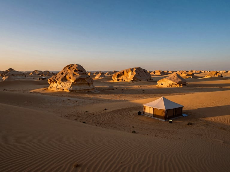 Expansive view of the White Desert at dawn, unique rock formations, a small luxury camp tent, warm low-angle sunlight, cinematic.
