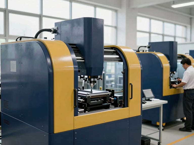 High-tech manufacturing facility with precision machinery, engineers overseeing operations, bright natural light, deep navy and gold accents, shallow depth of field, 35mm