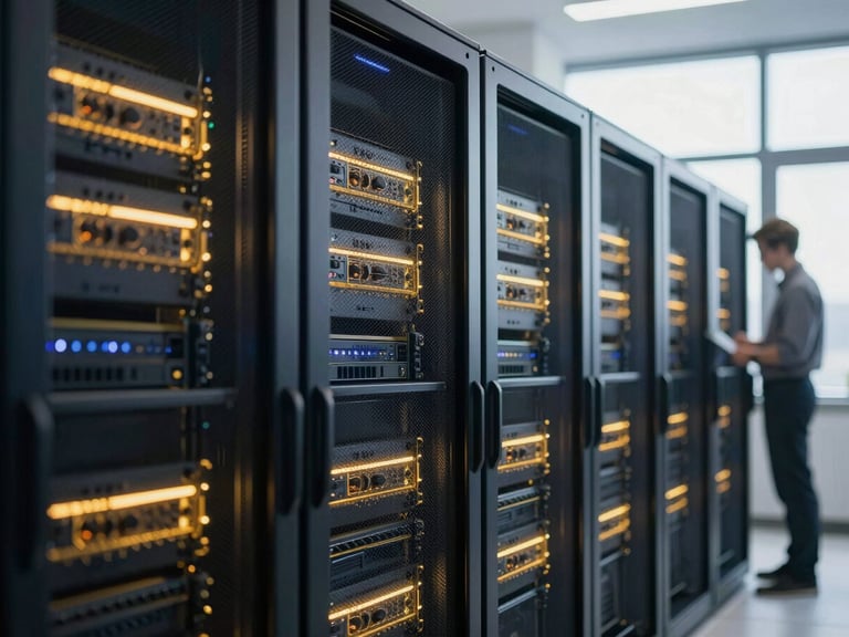 Modern data center with glowing servers, focused engineers, bright natural light, deep navy and gold accents, shallow depth of field, 35mm