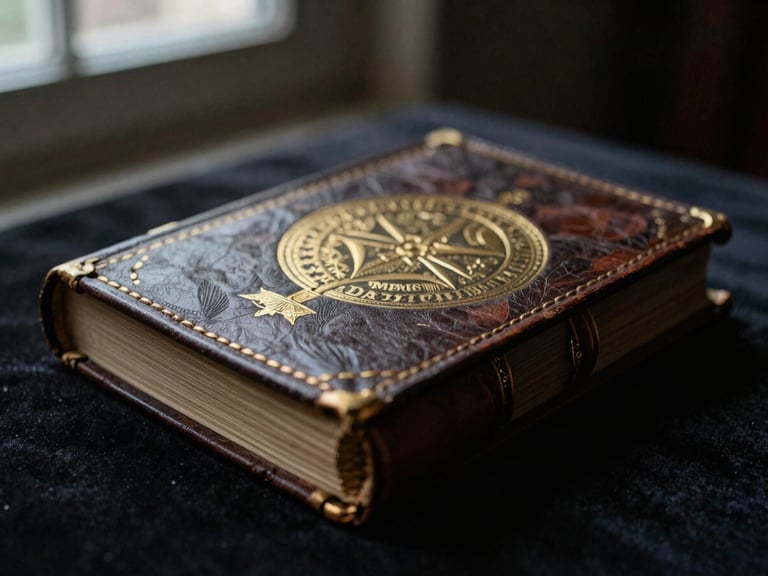 Macro close-up of a 17th-century leather-bound grimoire with gold leaf embossing, resting on a dark velvet surface, single-source window light, 35mm film