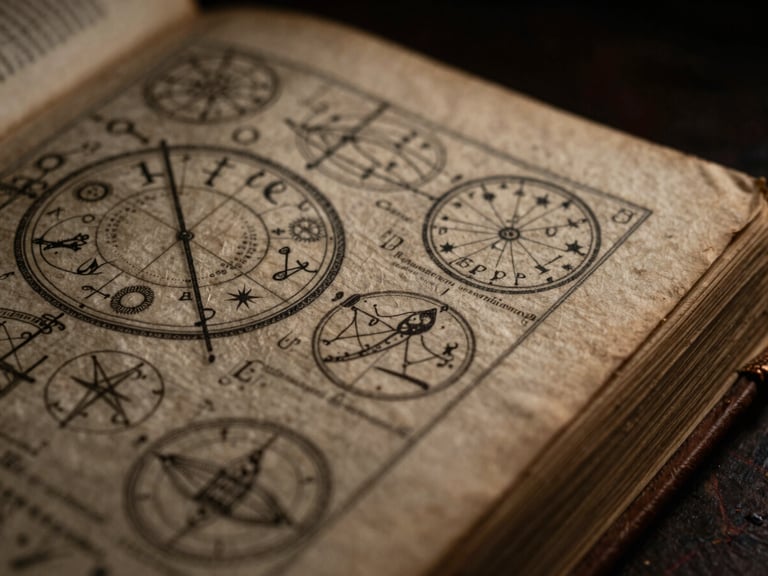 Macro close-up of a 16th-century leather-bound book page with complex astrological diagrams, aged parchment, dramatic single-source lighting.