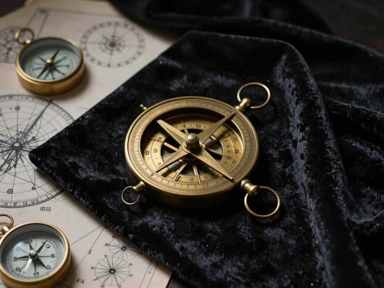 An antique brass astrolabe resting on a dark velvet cloth, surrounded by astronomical charts and compasses, dramatic single-source lighting.