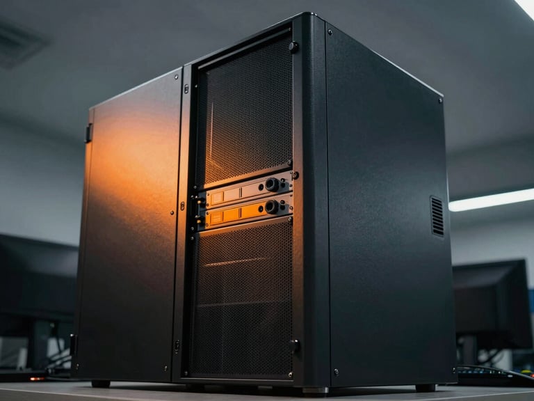 Modern workspace with a server tower, dramatic low-key lighting with orange accent light reflecting off metallic surfaces, architectural angle.