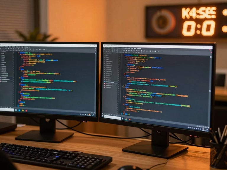 Nahaufnahme eines Entwicklers vor zwei dunklen Bildschirmen mit sauber strukturiertem Programmcode, im Hintergrund spiegelt sich das warme orangefarbene Licht einer Server-Status-LED.