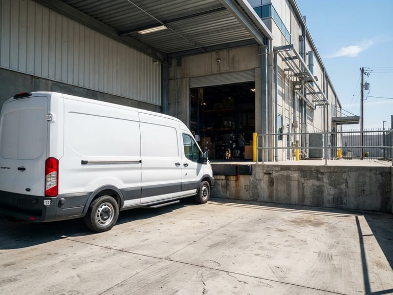 Low-angle dynamic shot of a clean white cargo van parked at a modern concrete warehouse loading dock, bright midday sun, sharp industrial shadows.