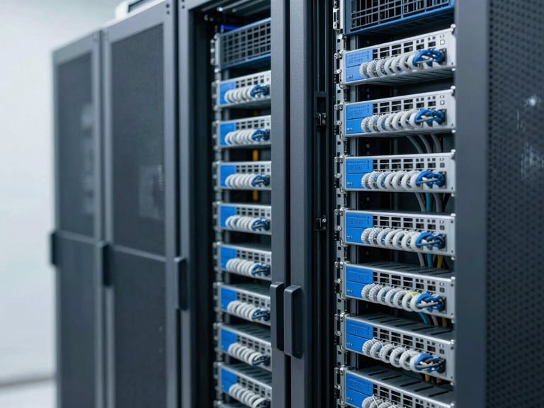 Organized server rack with neatly bundled structured cabling, blue and gray tones, crisp corporate photography, bright clean daylight, 35mm