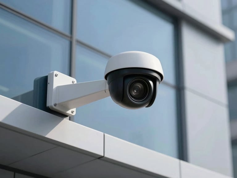 CCTV camera mounted in a modern office environment, clean lines, crisp corporate photography, bright clean daylight, 35mm