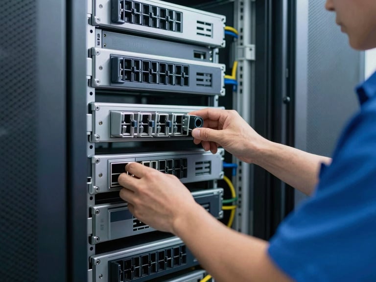 Technician performing maintenance on a server in a data center, focused hands, crisp corporate photography, bright clean daylight, 35mm