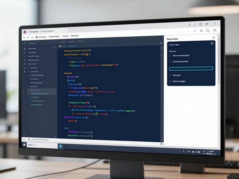 Modern web development interface on a clean monitor, code snippets visible, crisp corporate photography, bright clean daylight, 35mm