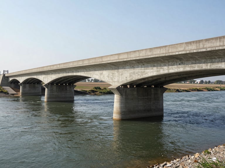 Wide daylight shot of a completed reinforced-concrete bridge spanning a narrow river, full structure visible from a lateral angle showing deck surface, parapets, and abutments, clear water below, flat agricultural land on both banks