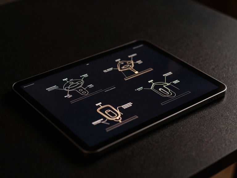 Close-up of structured operational diagram on a tablet screen, dark minimalist table, low-key dramatic lighting