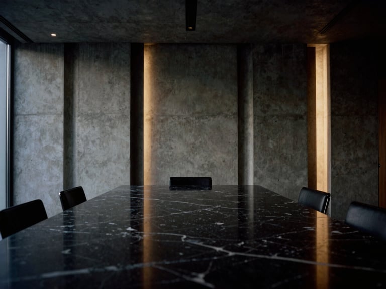 Architectural lines of a modern concrete boardroom with dramatic side-light reflecting off a dark marble table, minimalist corporate office, 35mm photography