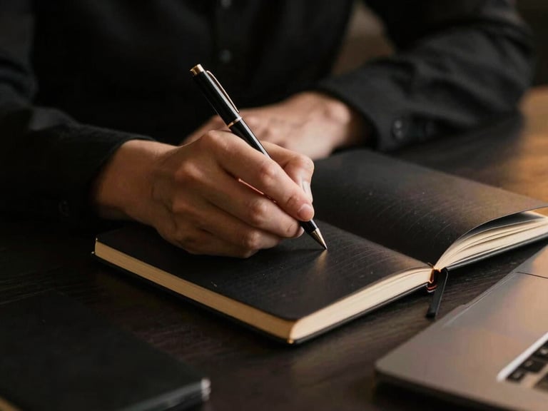 Focused professional executive writing in a black notebook on a dark desk, warm golden lighting, sharp focus