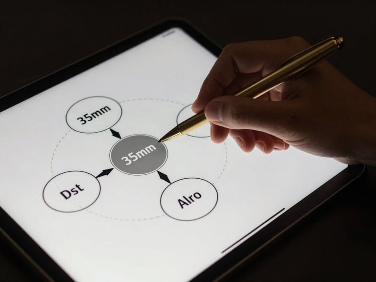 Close-up of a structured process diagram on a tablet screen, professional executive hand pointing with a gold pen, dramatic side-light, deep charcoal background, 35mm