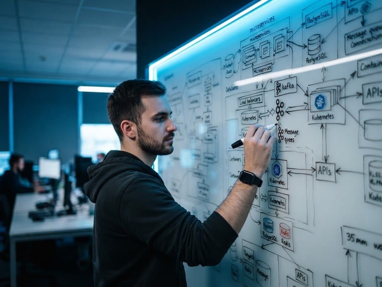Tight angle of a software engineer whiteboarding system architecture under cool-toned ambient office light with sharp electric blue LED accents, 35mm