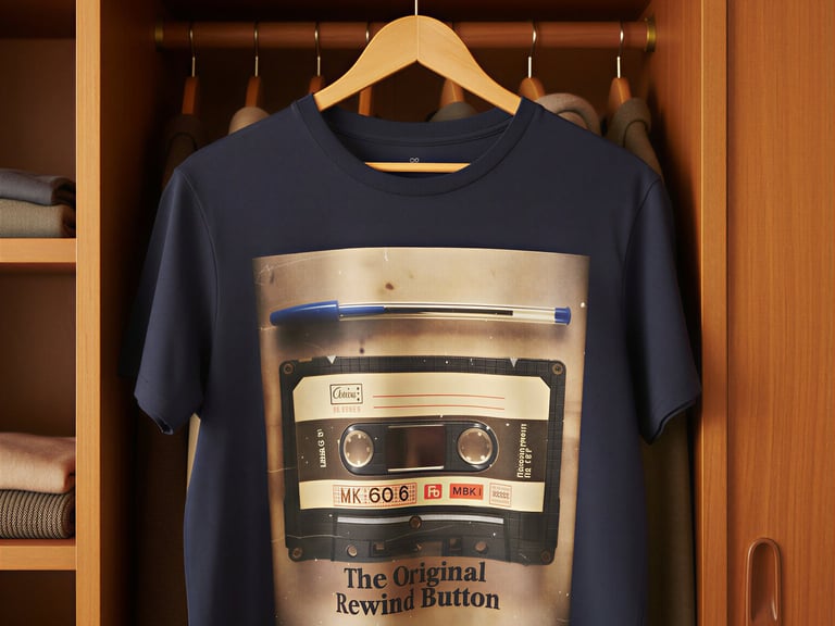 Navy t-shirt with retro cassette tape design.