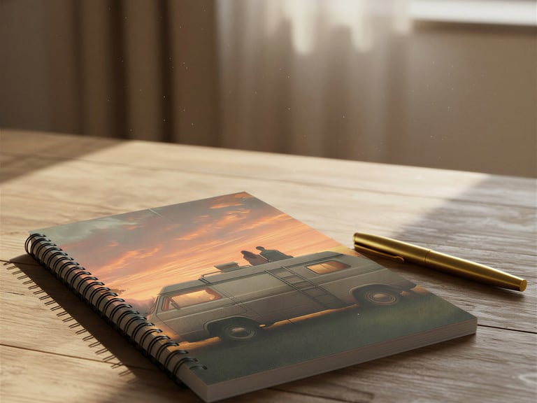 Spiral notebook with vintage camper van design.