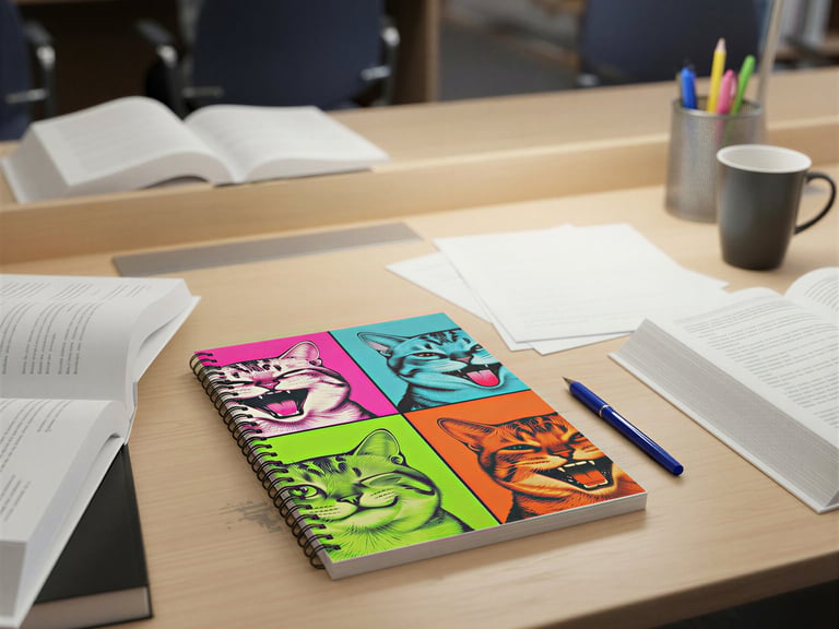 Spiral notebook with a colorful pop art cat cover design.