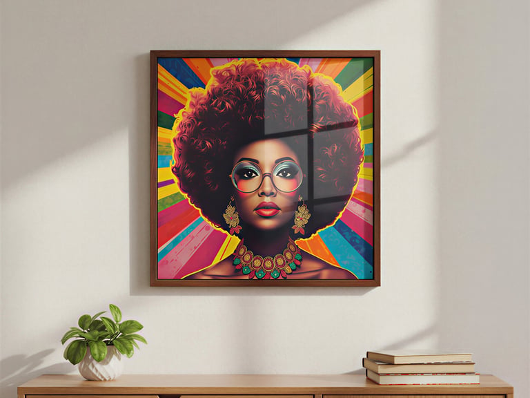 Framed 1970s pop art print of a Black woman.