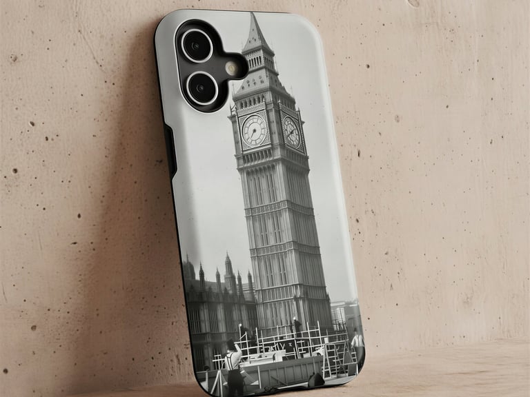 Phone case with historical photo of Big Ben construction.