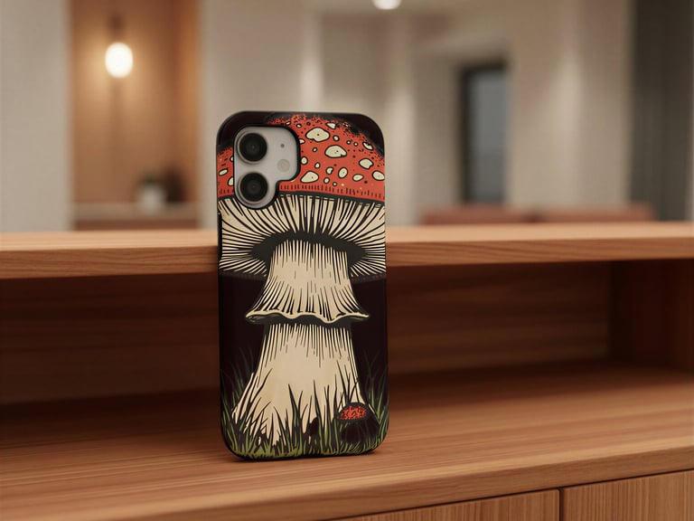Phone case with vintage mushroom illustration.