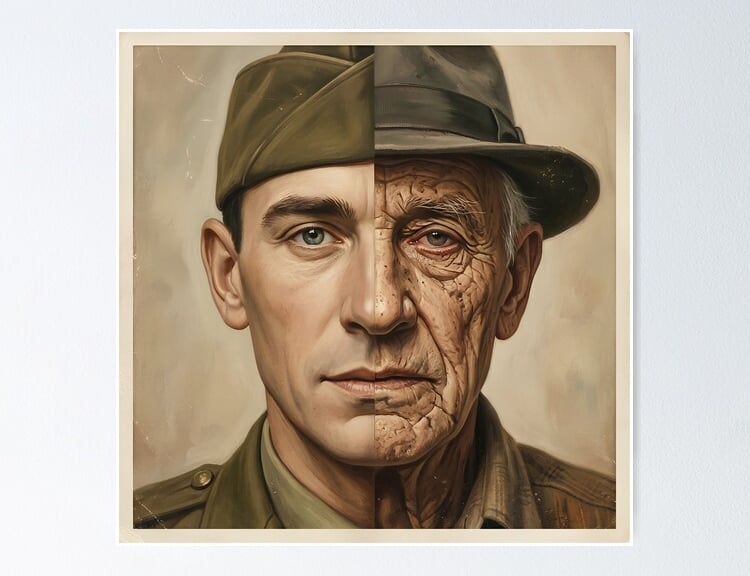 Framed split-face portrait art print of a soldier and older man.