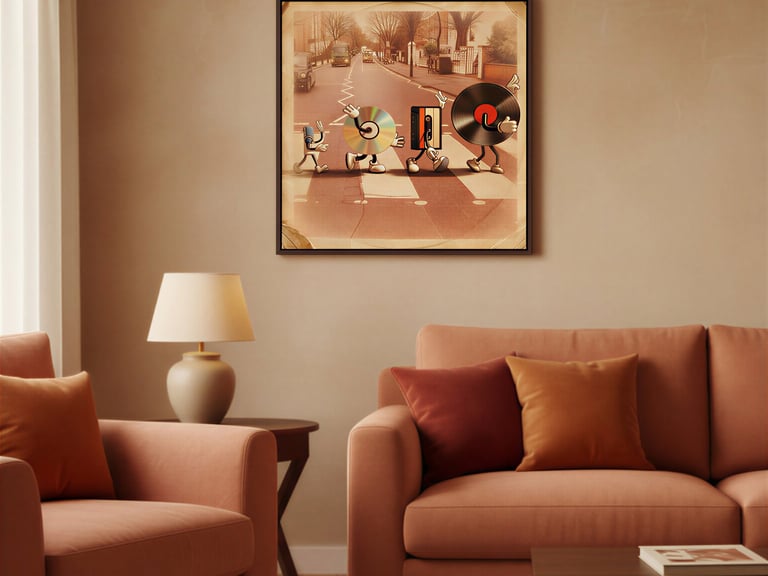 Framed vintage print with retro cartoon music characters.