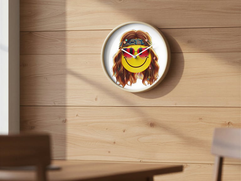 Round wall clock with retro hippie smiley face design.