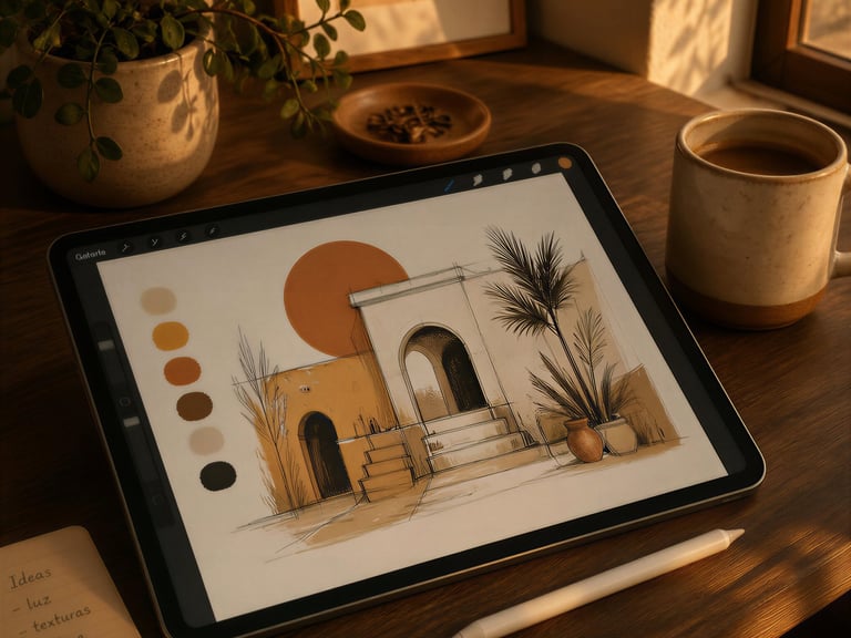 Digital drawing tablet with retro sketch on wooden desk.