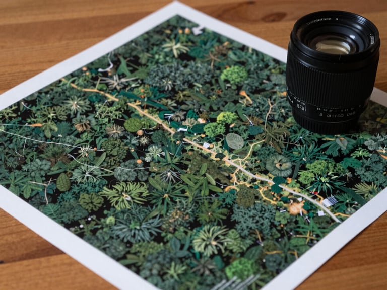 documentary environmental photography, natural daylight, a clear printed satellite map of a forest area resting on a wooden table, rich forest green, 35mm lens