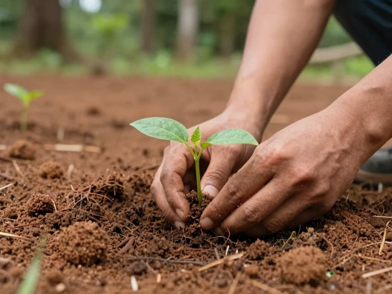 documentary environmental photography, natural daylight, close up of hands planting a seedling in rich soil, warm clay tones, 35mm lens