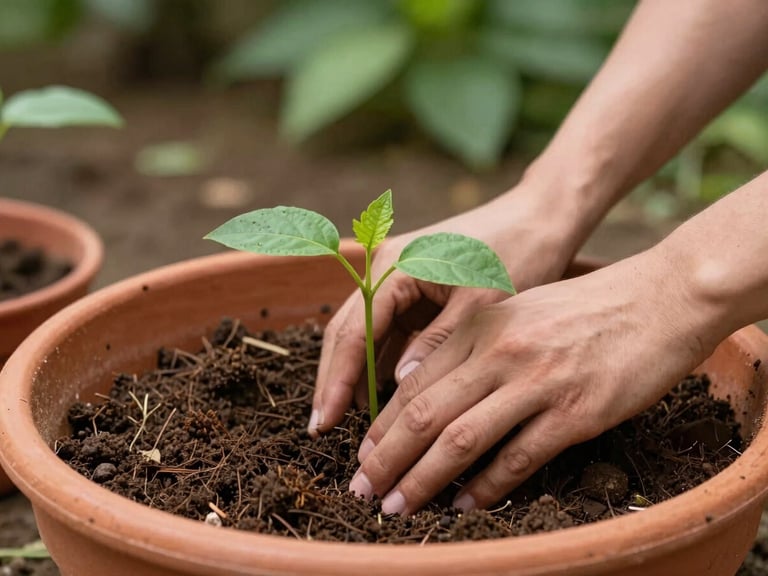 Close-up of hands planting a native seedling in rich terracotta soil, natural daylight, documentary environmental photography.